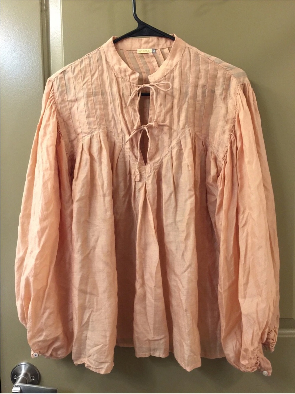 Matta Peach Tie-Neck Pintuck Peasant Tunic